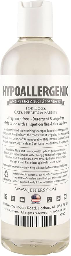 Jeffers Pet Hypoallergenic Shampoo for Dogs, Cats, and Small Pets 17 oz – Tearless, Soap Free, Moisturizing Formula with Aloe Vera, Vitamins A, D & E – Gentle for Sensitive Skin – Made in USA