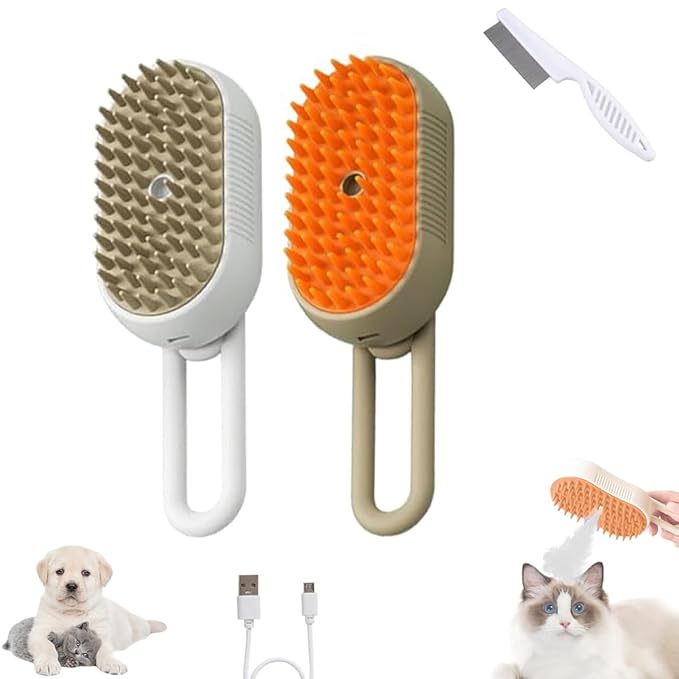 Pet Spritz Cat Defur Comb for Cats Dogs, 3-in-1 Self Cleaning Silicone Cat Steam Brush, Silicone Bristle Head 360° Rotating Pet Steam Brush (Khaki+White)