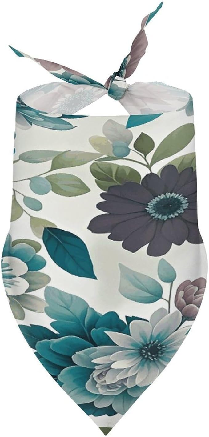 Dog Bandana Spring Pet Scarf Adjustable Triangle Teal Grey and White Floral Printing Dog Bib Washable Polyester Puppy Bandana for Small Medium Large Dogs Cat Birthday Party Supplies