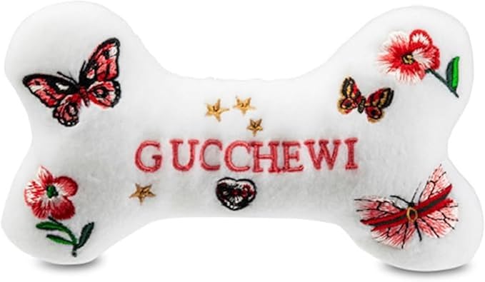 Dog Diggin Designs Gucchewi Butterfly Plush Dog Toy Bone | Luxury-Inspired Parody Designer Bone with Squeaker, Soft Plush Chew & Play Dog Toy – Prêt-à-Porter Play!