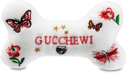 Dog Diggin Designs Gucchewi Butterfly Plush Dog Toy Bone | Luxury-Inspired Parody Designer Bone with Squeaker, Soft Plush Chew & Play Dog Toy – Prêt-à-Porter Play!