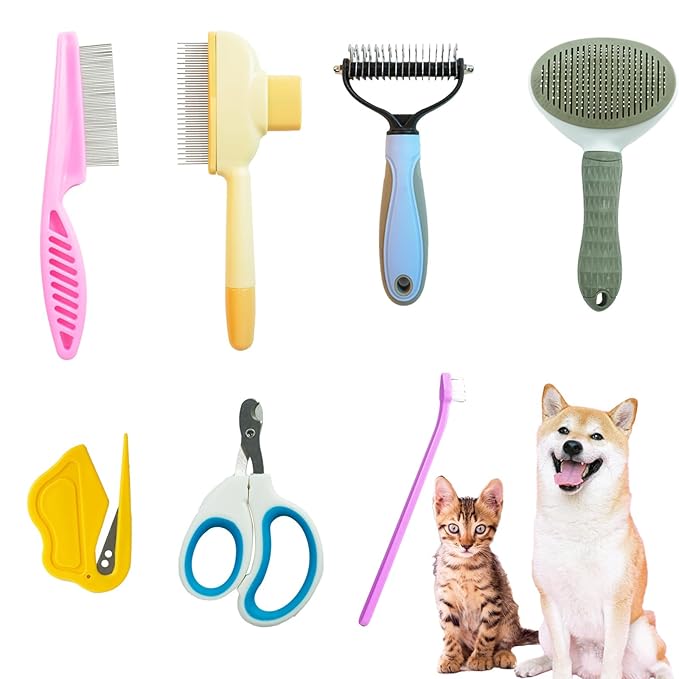 7 Pcs Pet Grooming Kit,Cat Brushes for Indoor Cats,Dog Brush for Long or Short Haired Dogs,Cat Hair Brush Cat Grooming Deshedding Brush for Dog Kitten Horse Massage Removes Loose Fur