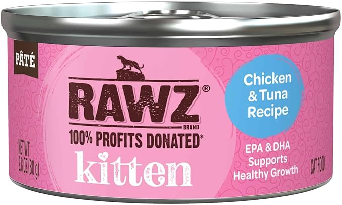 Rawz Natural Premium Kitten Pate Canned Cat Wet Food -12 Pack Cans Variety Flavor Pack -4 Flavors - (Salmon, Chicken, Tuna, Beef) Pets Can Lid - (2.8 oz Cans)