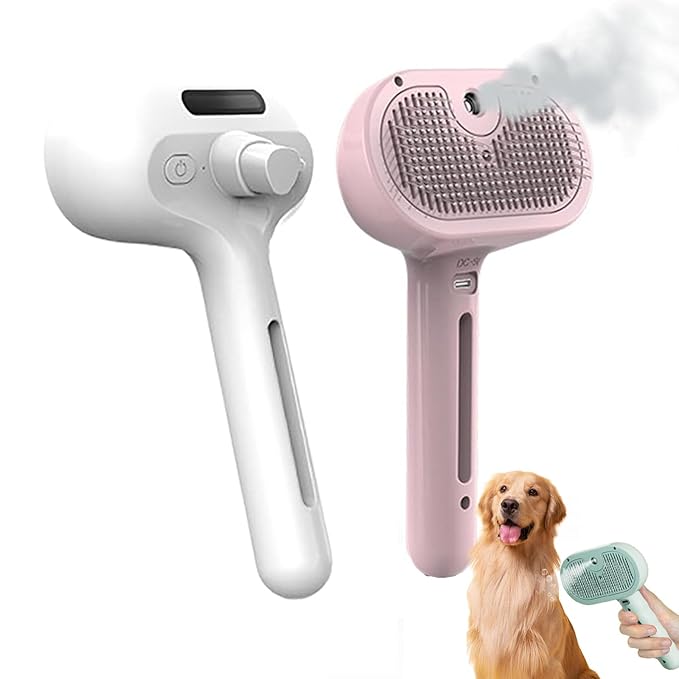 Pet Grooming Brush with Spray, 2025 New Steam Cat & Dog Brush, Self Cleaning 3 in 1 Pet Brush for Shedding & Grooming (Pink+White)