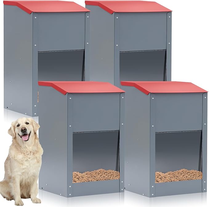 4 Pcs 25 Lbs Large Galvanized Automatic Dog Feeder Dog Food Dispenser with Handle Acrylic Panel Galvanized Gravity Feeder Thickened Rust Proof Outdoor Hanging for Doggie Breed Food Container
