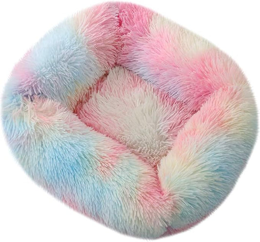 La La Pet® Donut Dog Cat Bed Cozy Cave Pet Bed Burrow Dog Bed Calming Cuddler Self-Warming Pet Bed Soft Plush Pet Cushion Improved Sleep for Cats Small Medium Dogs Rainbow S