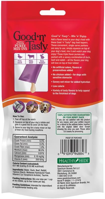 Good 'n' Tasty Triple Flavor Puree Mix-Ins Dog Food Topper Treats for All Dogs, 7 Count, Easy Single-Serve Portions, Added Protein with Duck, Beef and Rabbit, No Chicken Added (Pack of 2)