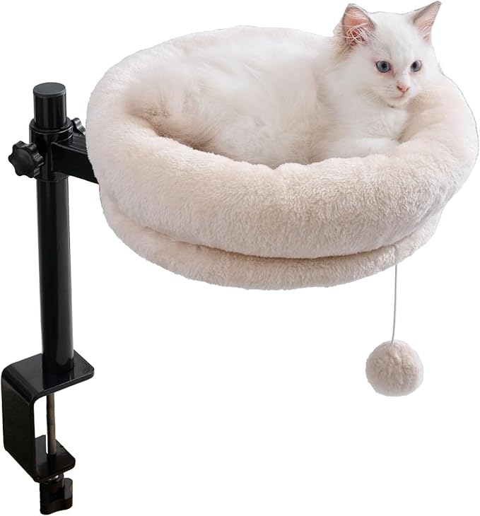 BYBYME Cat Desk Bed for Indoor Cats, Kitty Bed for Desk Supports 44 lbs, 360° Rotation & Adjustable, Soft Cat Nest Desktop with Hanging Ball for Office Desks Home Tables, 12" in Diameter（White）