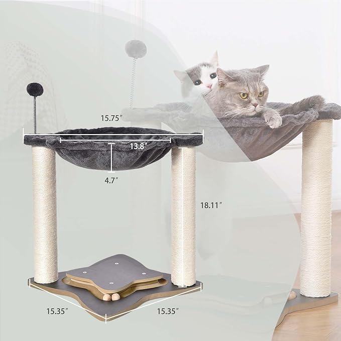 FluffyDream Cat Scratching Post for Indoor Cats, Small Cat Tree Tower with Hammock,Wooden Interactive Ball Track for Kitten and Adult Cats,18inches (Grey)