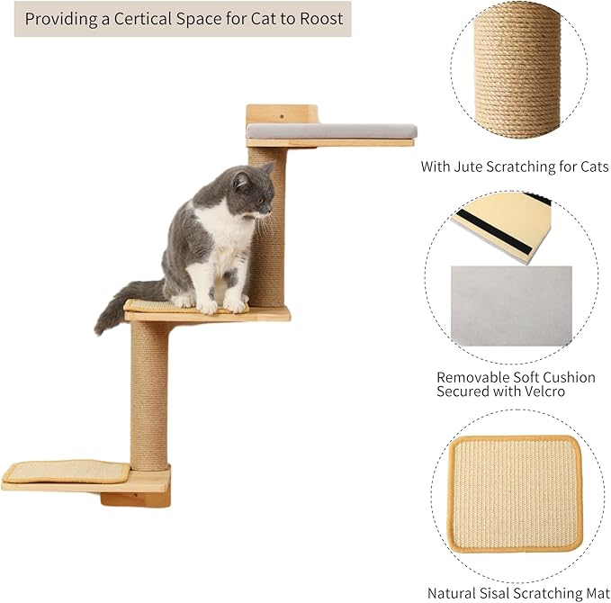 Cat Wall Shelves, 3-in-1 Transformable Wall-Mounted Scratching Post, Cat Tree Shelf & Climbing Steps for Play, Climb & Scratch (Large)