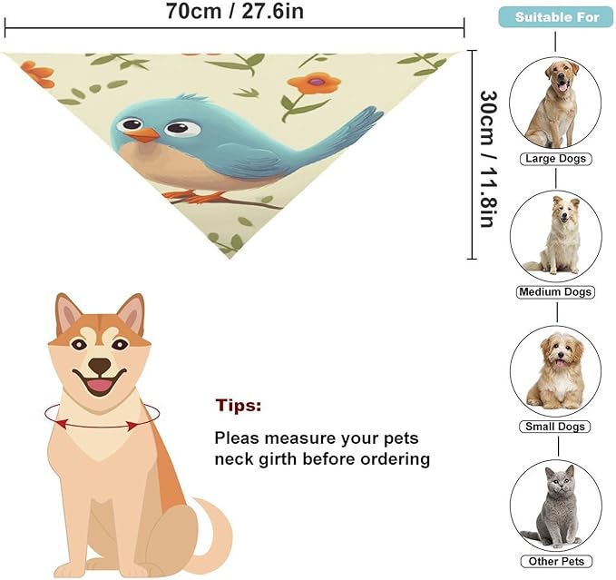 Dog Bandana Spring Pet Scarf Adjustable Triangle Cute Bird Printing Dog Bib Washable Polyester Puppy Bandana for Small Medium Large Dogs Cat Birthday Party Supplies