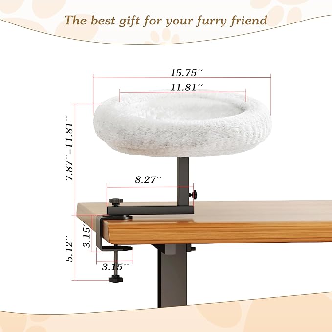 VERIFOST Adjustable Cat Desk Bed, 360° Rotatable Elevated Desk Cat Bed for Home Office, Space-Saving Design Table Supports Up to 60 lbs, Soft Faux Fur Bed with Removable Washable Cover (Beige)
