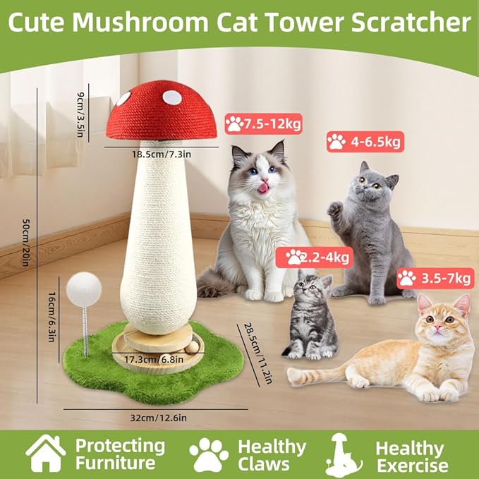 Mushroom Cat Scratching Post, Mushroom Cat Tree with Interactive Ball Track Spring Ball Cat Toys, Cute Cat Scratching Post for Indoor Kittens Adults, 100% Sisal Covered