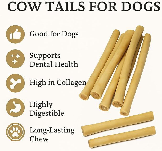 16 Pack Cow Tails for Dogs, High Protein Dog Treats, 100% naturally Sourced Long Lasting Dog Chews from Free Range Grass-Fed Cattle Chew for Dog Snacks, Rawhide Alternative Beef Tails Candy 16 Count