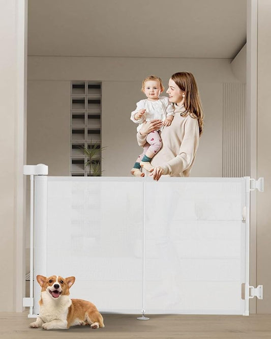 59 inch Retractable Baby Gates 34 inch Tall, Retractable Gate with Reinforced Strip Design to Prevent Crawling Through, 5 FT Retractable Dog Gate for Stairs, Doorways, Hallways, Indoor/Outdoor
