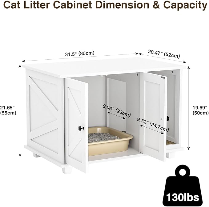 Giluta Cat Litter Box Enclosure,Hidden Litter Box Furniture Cabinet with Scratching Pad,Wooden Pet House Side End Table for Living Room Washroom,31.5 x 20.5 x 21.6 Inches (White)