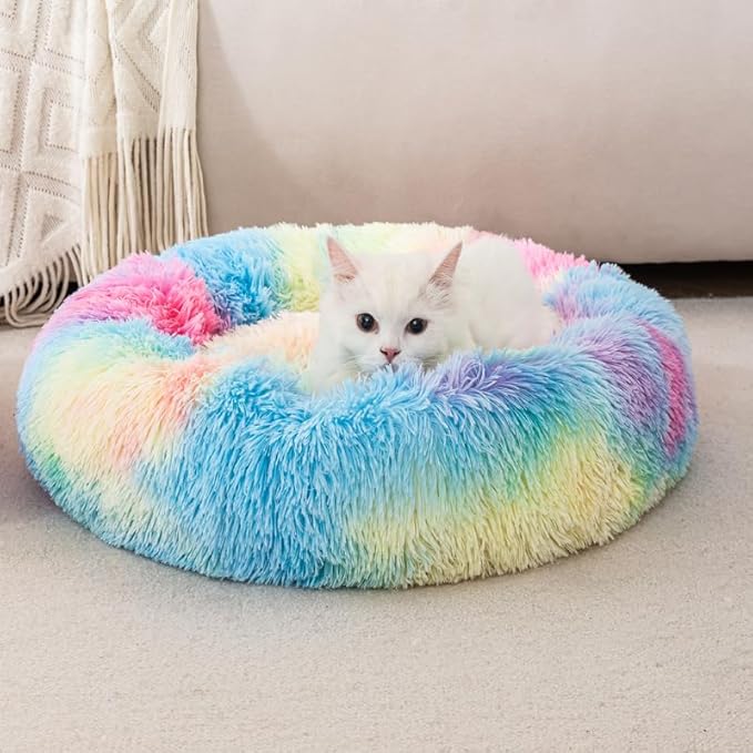 Calming Cat Beds for Indoor Cats Donut Small Dog Bed for Anxiety Plush Soft Kitten Bed Fluffy Faux Fur Rabbit Pillow Non Slip Bottom Indoor for Puppies and Cats for 3KG