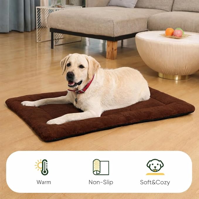 Dog Crate Pad 24 Inch, Washable Plush Crate Mat for Small Dogs and Puppies, Anti Slip Kennel Pad for Metal Crates, Indoor Use and Travel, Brown