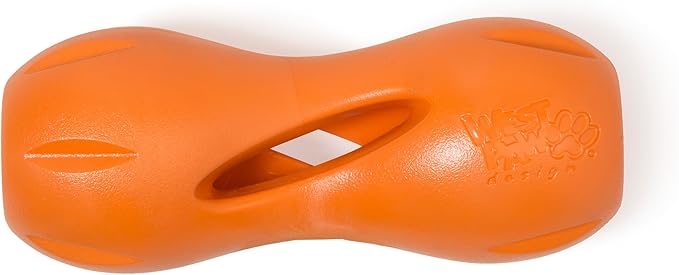 West Paw Zogoflex Qwizl Interactive Treat Dispensing Dog Puzzle Treat Toy for Dogs, 100% Guaranteed Tough, It Floats!, Made in USA, Large, Tangerine