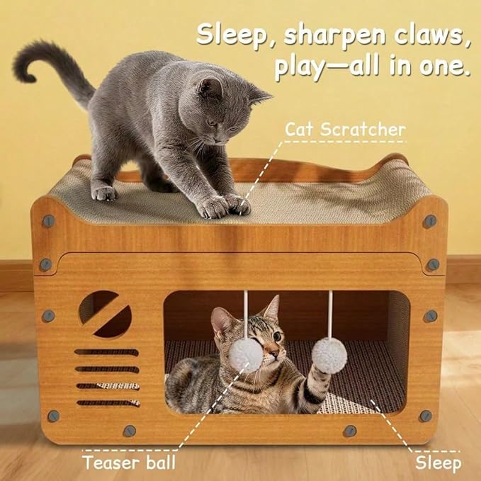 Multi-Function Cat Scratcher House Box,3-in-1 Scratch Pad and Soft Bed & Play Cave with Toys, Durable Build & Ideal for Cats/Kitty (Yellow,MD-TV)