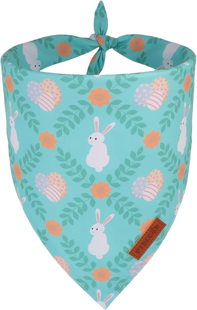 PTDECOR Easter Dog Bandana, Rabbit Egg Dog Scarf, Premium Durable Fabric, Blue Easter Bandanas for Extra Large Dogs (X-Large)