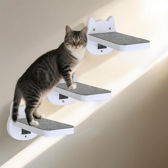 ESPETS White Painted Wooden Cat Wall Floating Steps Set of 3 - Wall Mounted Cat Floating Furniture Shelves and Perches, Sturdy Climber Stairs Ladders - Holds up 30lbs