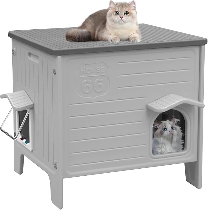 Plastic Cat House Outdoor & Indoor, Feral Cat Houses with Escape Door, Waterproof Outdoor Cat Shelter for Feral Stray Cat Kitty, Assemble Easily