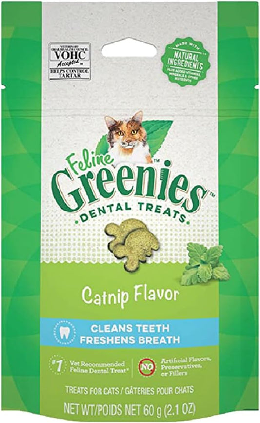 Greenies Cat Treats, Feline Veterinarian-Recommended Adult Natural Dental Treats, Catnip Flavor, 2.1 oz. Pouch