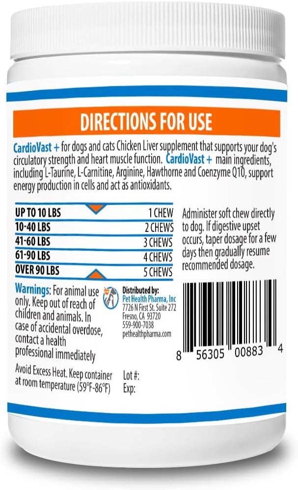 CardioVast Cardio Support and Cardio Strength Supplement for Dog and Cats, L-Taurine, L-Carnitine, Hawthorn, L Arginine, Coenzyme Q10-Supports Cardiovascular Heart Health - Made in USA - 60 Soft Chew