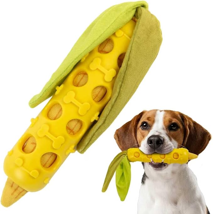 Fida 2-in-1 Puppy Teething Toys, Natural Rubber Chew Toys for Dogs to Keep Them Busy & Plush Toys with Crinkle Leaves, Interactive Dog Toys for Small Medium Breeds and Puppies (Corn)