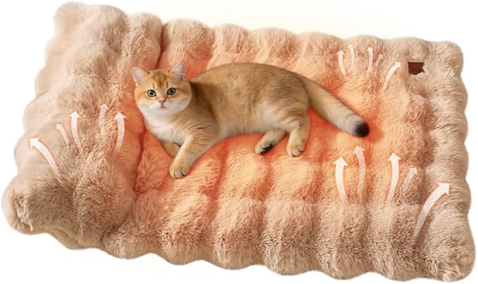 Plush Faux Fur Pet Bed Mat with Non-Slip Bottom, Self-Warming Cat Bed, Washable Pet Bed with Pillow for Cats & Medium Dogs, Machine Washable, 27x20 Inch, Coffee