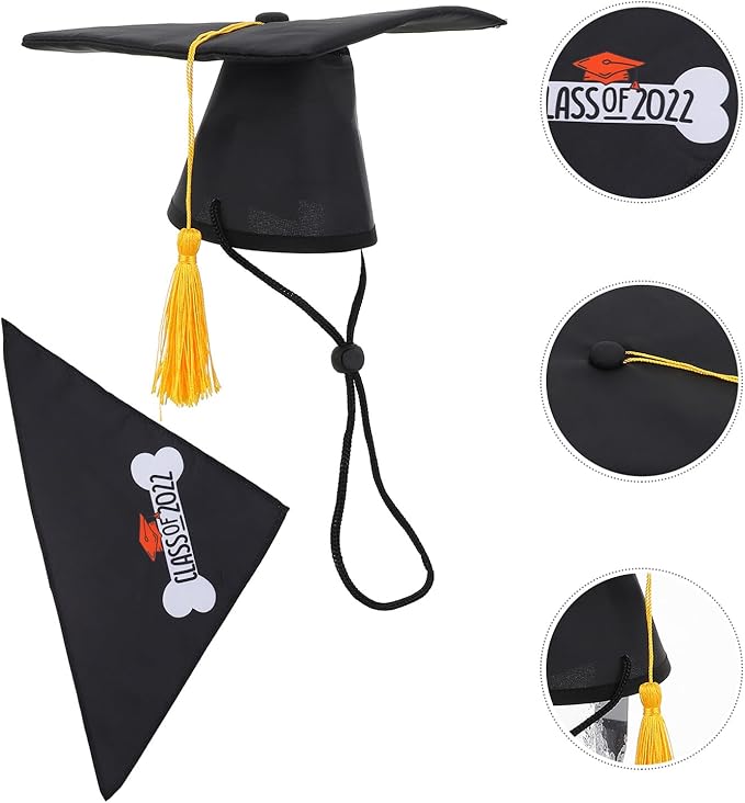 VOSAREA Pet Graduation Doctoral Cap and Chic Bandana Set for Dogs, 2pcs Black Tassel Hat with Multi-Purpose Triangle Saliva Towel, Party Supply for Dog Graduation Celebration