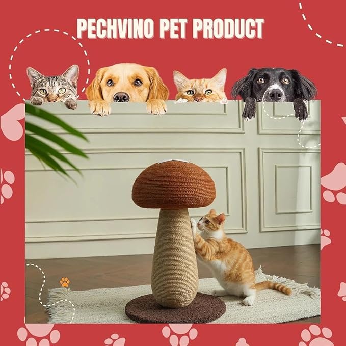 Shiitake Mushroom Cat Scratching Post, Mushroom Cat Scratcher for Indoor Cats, 100% Sisal Scratch Pole with Pompom Toy, Cute Durable Furniture