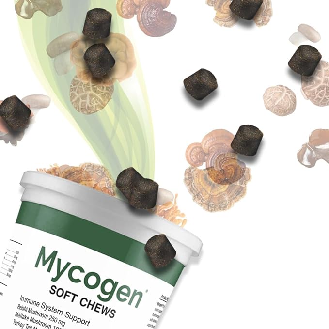 Mycogen Immune Support for Dogs – Beta Glucan, Reishi, Shiitake & Maitake Mushroom Blend – Helps Boost Immunity & Defend Against Illness – Vet-Formulated – 60 Tasty Liver-Flavored Soft Chews