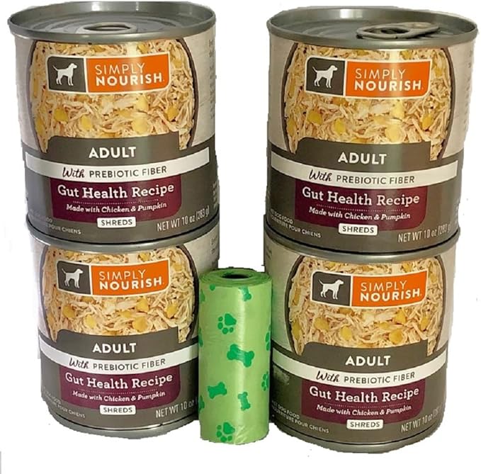 SIMPLY NOURISH Adult Gut Health Recipe Shreds Made with Chicken & Pumpkin. with Prebiotic Fiber Comes in 4-10 OZ Cans/Plus Dog Waste Bag.