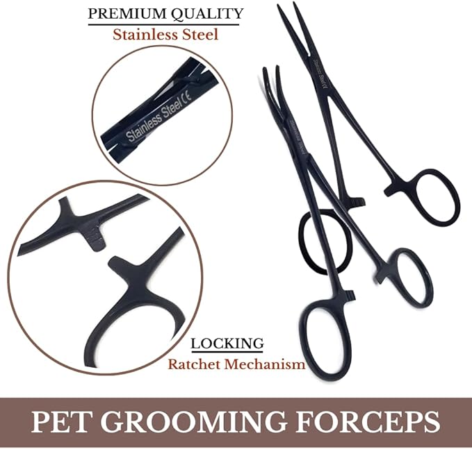 HTI Set of 2 Pcs Dog Cat Pet Hair Puller Remover Stainless Steel Hemostat Locking Forceps 5.5" Straight and Curved Full Serrated (Black)