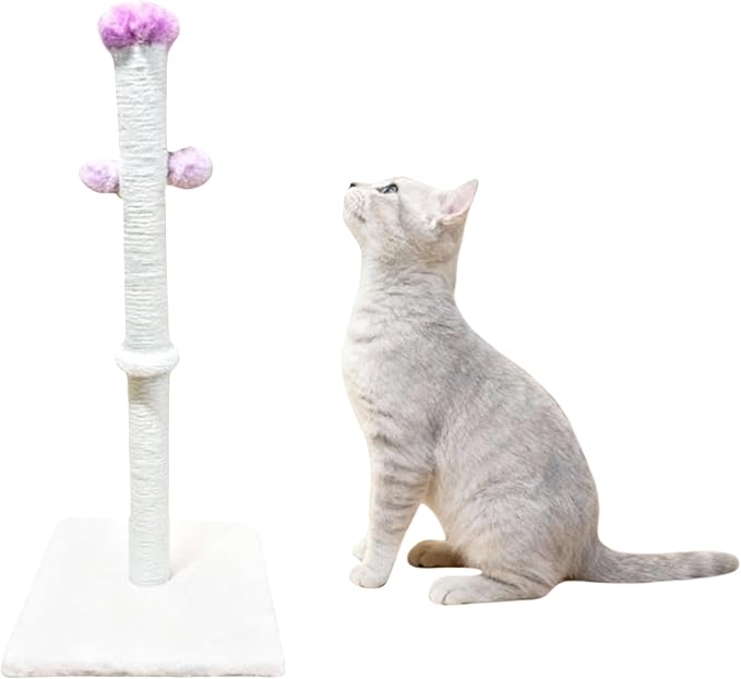 Sisal Cat Scratching Post, Tall Climbing Pole with Pom Poms, Pink and Gray