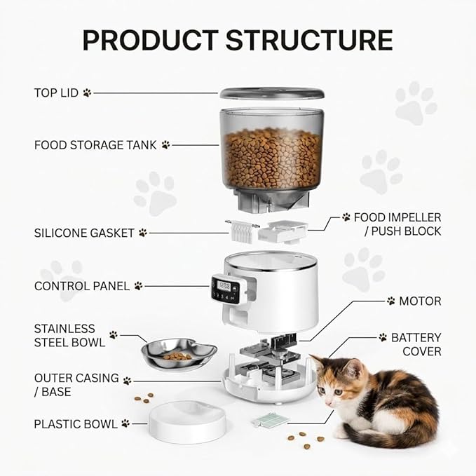 Automatic Pet Feeder 4L, Timed Cat and Dog Food Dispenser with Forced-Push Anti-Clog System, Dual Power Supply, Portion Control, Stainless Steel Bowl for Daily Feeding and Short-Term Travel