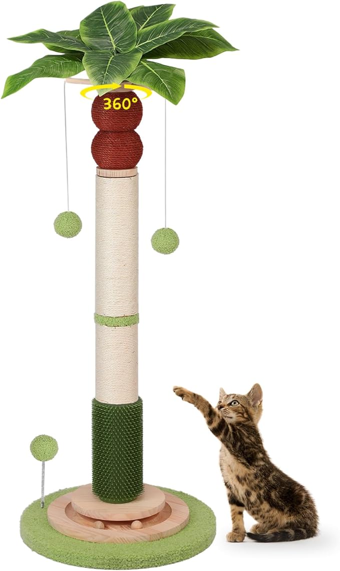 41'' Tall Cat Scratching Post,3.3'' Wide Sisal Rope Scratching Post for Indoor Adults Kittens,Cat Scratcher Tree with Stable Solid Wood Base Interactive Ball Toys Self Groomer Brush for Large Cats