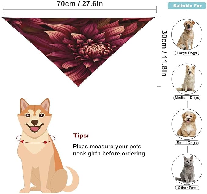 Dog Bandana Spring Pet Scarf Adjustable Triangle Wine Red Artistic Flower Printing Dog Bib Washable Polyester Puppy Bandana for Small Medium Large Dogs Cat Birthday Party Supplies