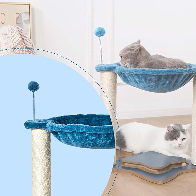 FluffyDream Cat Scratching Post for Indoor Cats, Small Cat Tree Tower with Hammock,Wooden Interactive Ball Track for Kitten and Adult Cats,18inches (Navy)