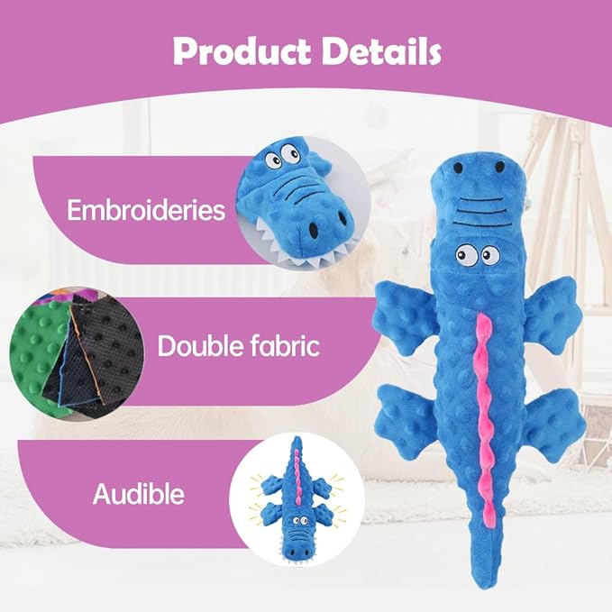 Indestructible Plush Dog Toy for Aggressive Chewers, Boredom Relief Squeaker Chew Toy with Double Fabric, Durable Crocodile Teething Toy for Large Medium Small Dogs (Green)