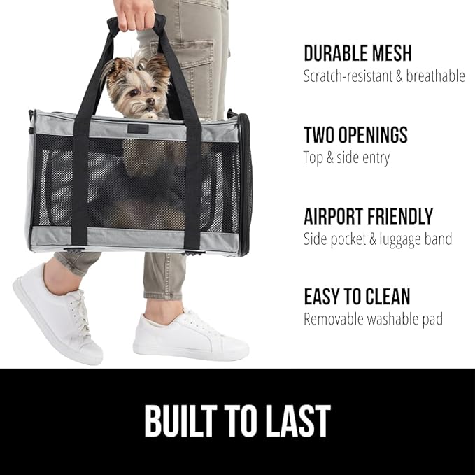 GORILLA GRIP Cat Litter Box Mat, 17x11 Inch Beige and Airline Travel Cat Carrier, 17x11x11 Inch Gray, 2 Item Bundle