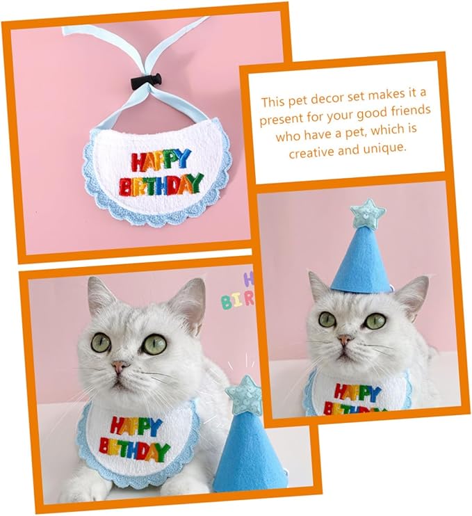 BESTYASH Dog Birthday Bandana and Wear-Resistant Embroidered Bib with Blue Star Hat Set for Pet Party Supplies, Adjustable Dog and Cat Costume Accessory