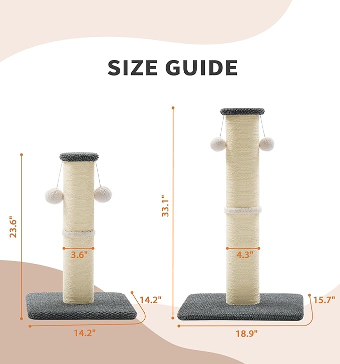 Made4Pets Tall Cat Scratching Post, 23.6" Natural Sisal Cat Scratcher with Hanging Balls, Heavy Duty and Thicker Scratching Post for Indoor Cats Adults, Sturdy Base Cat Scratch Post, Dark Grey