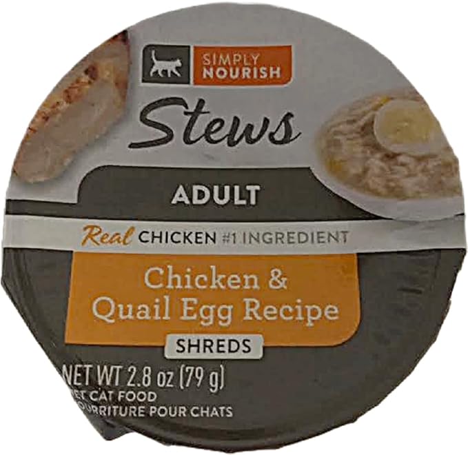 SIMPLY NOURISH Adult Cat Stew Shreds 6-2.8 Ounce Cups. Plus Cat Toy Will Vary. (Chicken & Quail Egg Recipe)