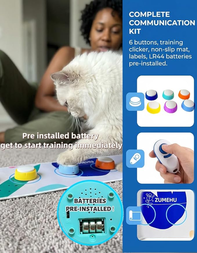 Dog Buttons for Communication Starter Kit - 6 Color Recordable Dog Buttons with Non-Slip Mat & Training Clicker, 0.5lb Easy-Press Talking Buttons for Small Dogs & Cats, Pre-Installed Battery