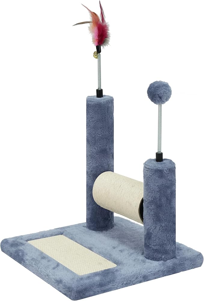ROYPET Multifunctional Cat Scratching Posts for Indoor Kittens,Cat Scratching Pads for Play and Activity,Scratching Posts with Feather Toys and Spring Hanging Balls,Grey
