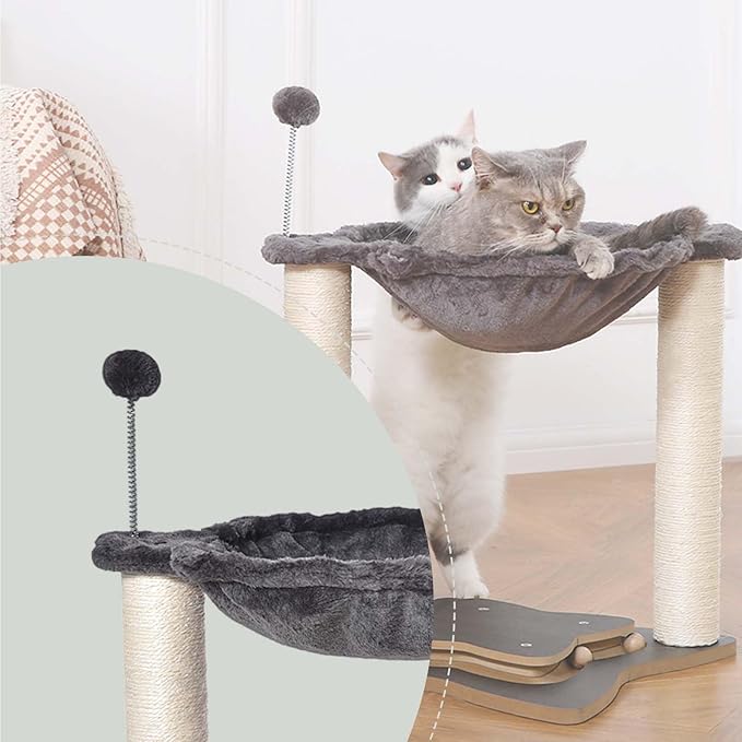 FluffyDream Cat Scratching Post for Indoor Cats, Small Cat Tree Tower with Hammock,Wooden Interactive Ball Track for Kitten and Adult Cats,18inches (Grey)