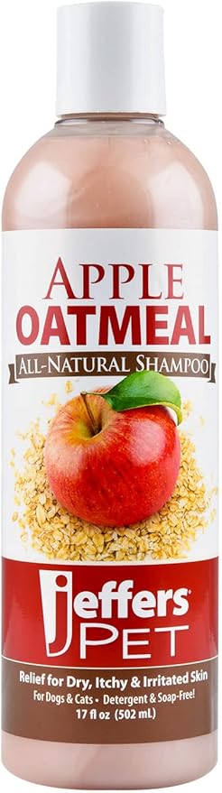 Jeffers Pet Apple Oatmeal Natural Shampoo for Dogs Cats Puppies Kittens, 17 Oz – Tearless Hypoallergenic Oat Based Grooming Shampoo for Sensitive Skin, Coat Hydration, Shine, Soap & Detergent Free